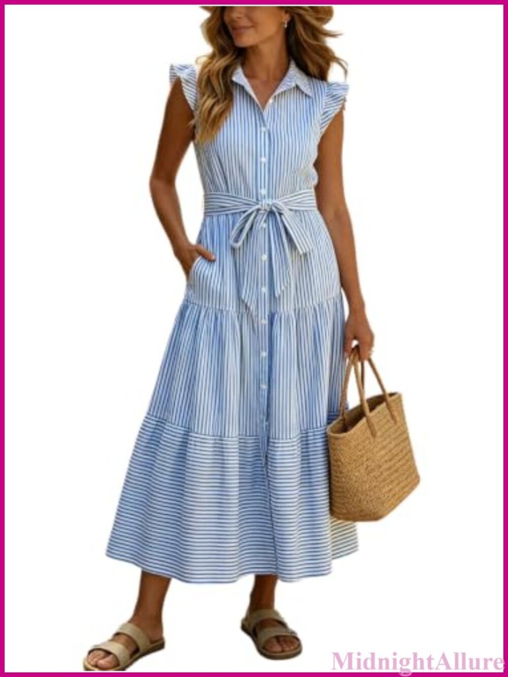 Striped Midi Shirt Dress Sleeveless Ruffle Trim Tiered A-Line Beach